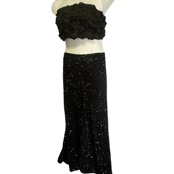 Faeriesty Fancy Black Sequin 2 Piece Set Tube Top 3D Flower Wide Leg Pants XL - Picture 6 of 16